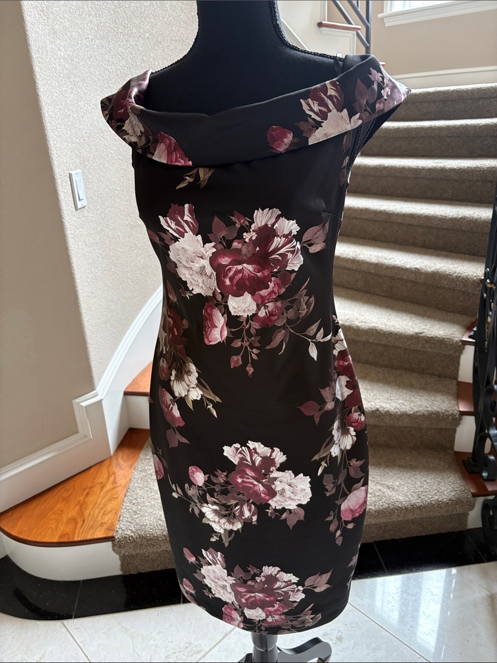 Floral Off-Shoulder Sheath Dress in Black and Burgundy